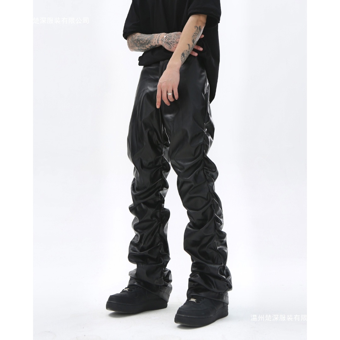 欧美高街PU黑色褶皱堆积感休闲皮裤男潮牌街头hiphop修身显瘦长裤