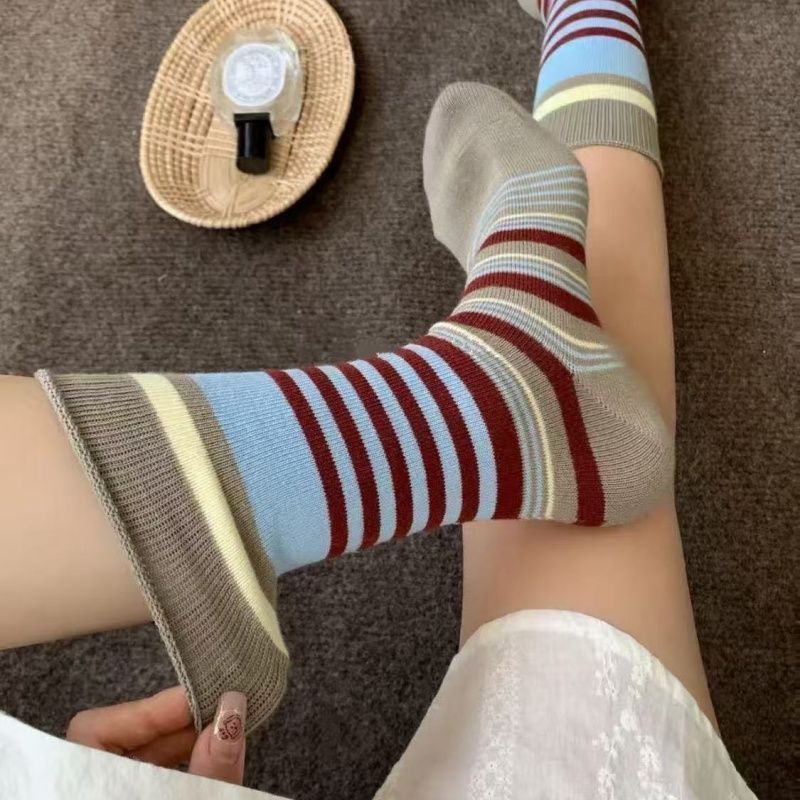 复古森系条纹袜子女中筒袜秋季款韩国ins潮百搭撞色长筒袜堆堆袜|undefined
