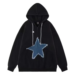 American retro star print hooded sweater men's and women's ins fashion brand high street loose niche couple cardigan jacket