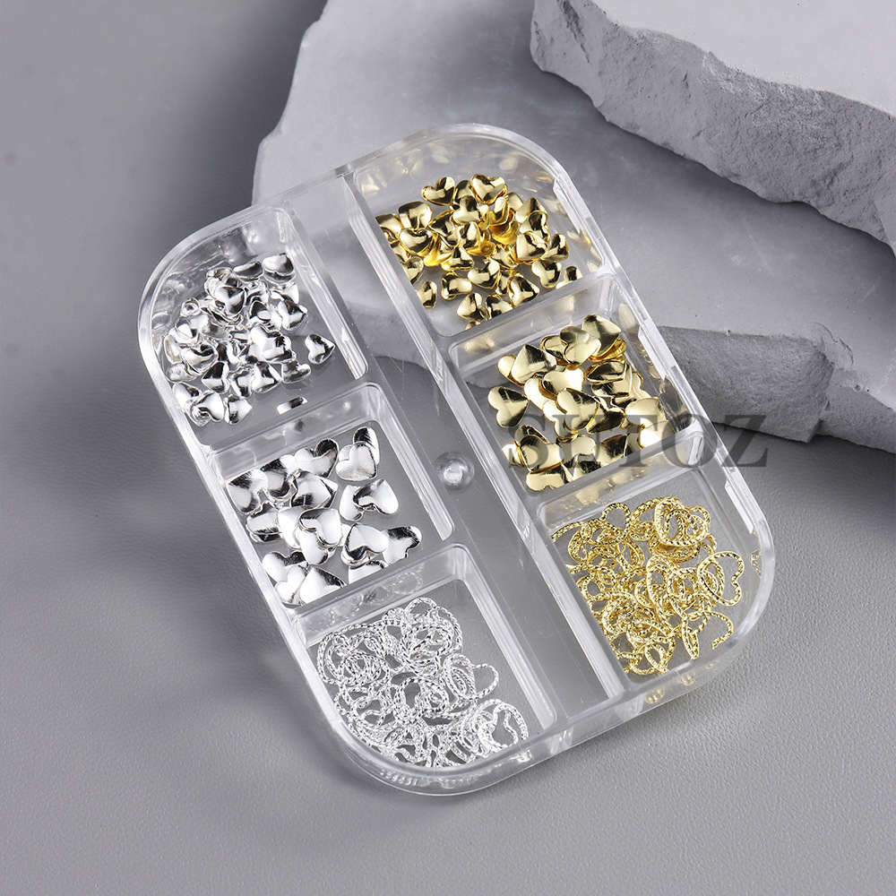 6-Compartment Gold and Silver Two-Tone Heart Nail Art Decoration Set, Hollow Twist Solid Heart Sequins, Exquisite Versatile Decoration