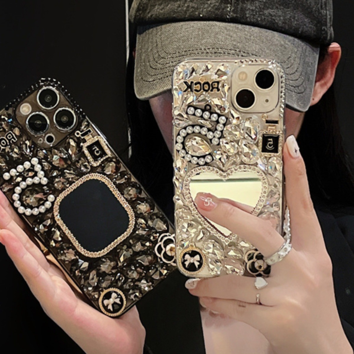 小香风水钻iphone16promax镜子手机壳苹果15字母花朵14爱心适用13