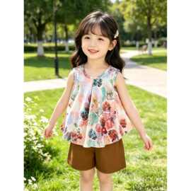 夏季新款圆领吊带背心女童无袖打底上衣无袖碎花套装夏季无袖碎花