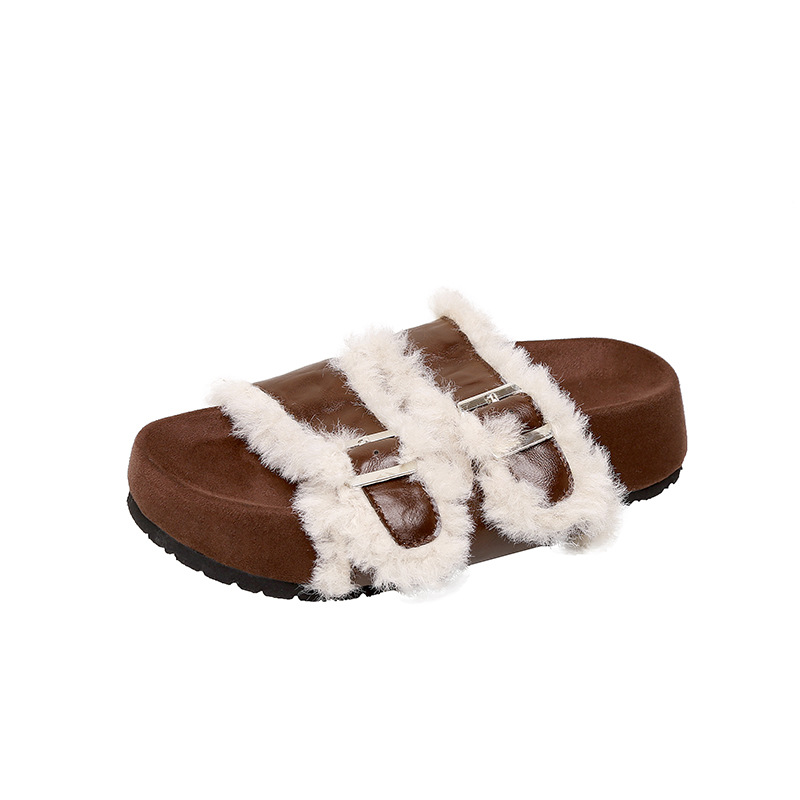 2025 modelo de otoño Mocha Otoño ~ calentamiento con hebilla de lana de cordero gruesa zapatillas de cuero de mujer