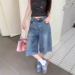 美式高街复古阔腿牛仔裤女春夏2025年新款小众休闲宽松做旧七分裤