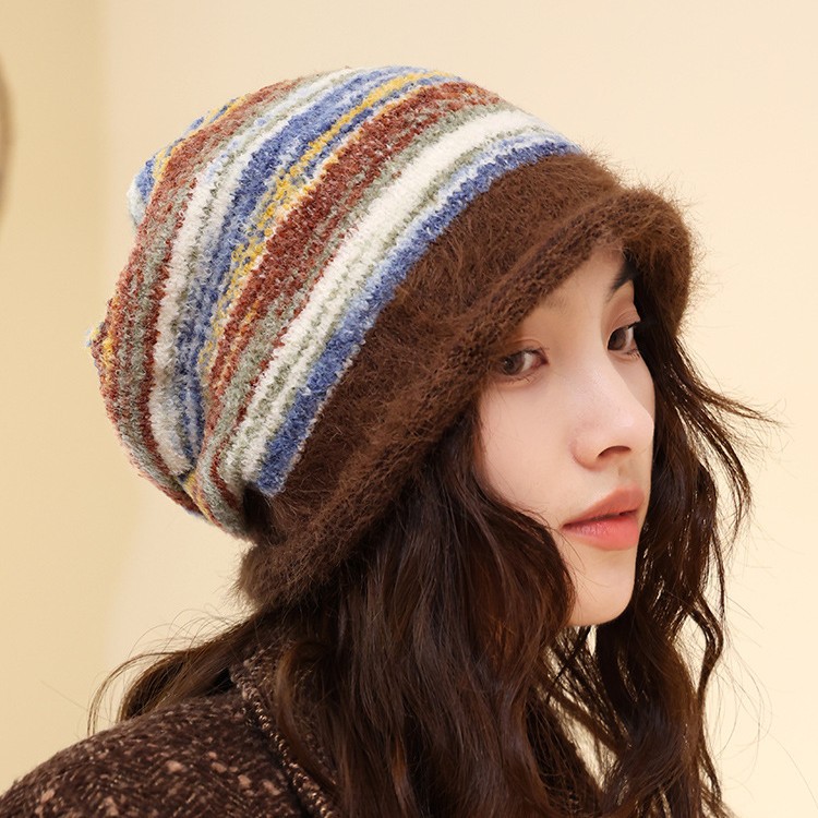 Cappello invernale da donna in maglia a blocchi di colore, stile coreano, stile retrò, con protezione per le orecchie, versatile e caldo, a righe_voghion.com