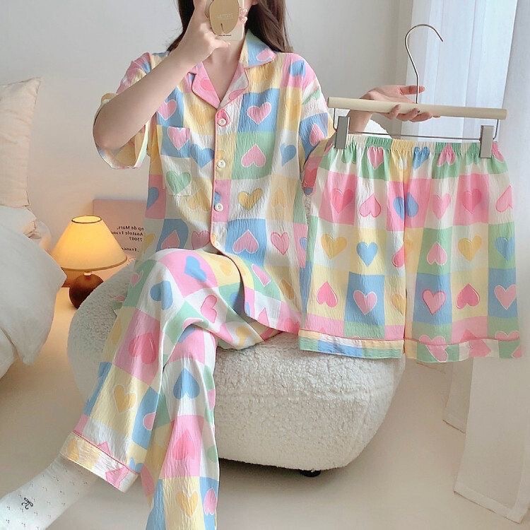 跨境云朵棉睡衣三件套女夏季短袖长裤短裤春秋季家居服套装外贸|undefined