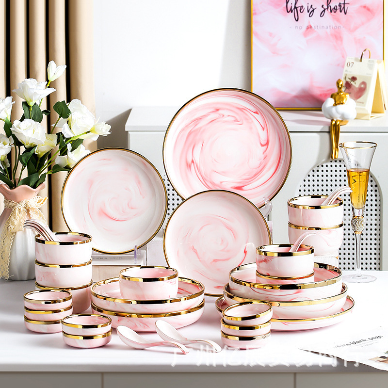 Nordic Style Cross-Border Marble Pattern Pink Tableware Household Ceramic Plate Steak Plate Soup Bowl Western Food Plate Gift Box
