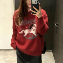 全羊毛小马刺绣红色毛衣女士秋冬高级感内搭可外穿套头针织衫上衣
