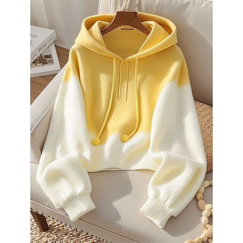 Желтый ретро свободный ленивый стиль высококачественный худи-свитшот 2024 осень новый женский вязаный топ