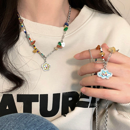 Childlike colorful flower smiley face necklace for women summer dopamine natural stone beaded high-end clavicle chain neck necklace