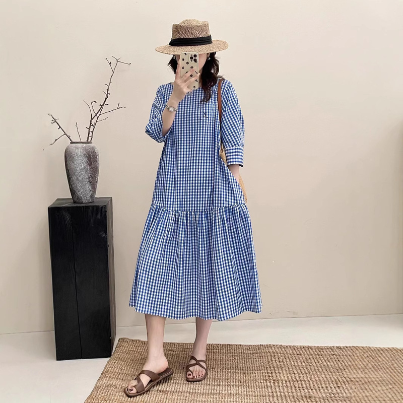 Japanese Mori-Style Embroidered Pocket Plaid Dress Summer New Age-Reducing Artistic Fresh Spliced Mid-Length Dress