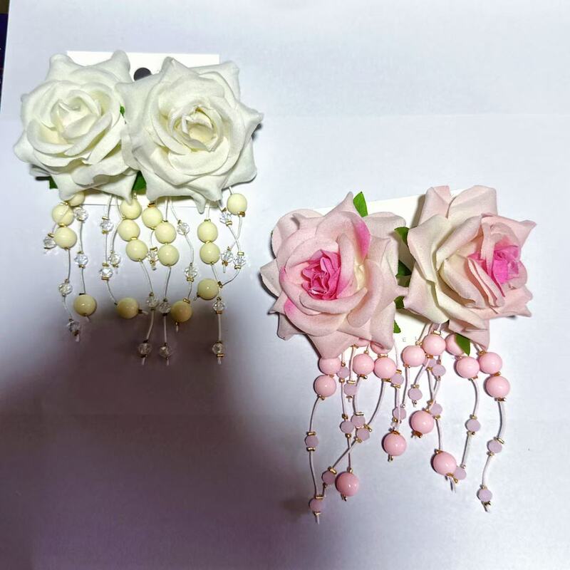 カラフルな立体的な大きな花のタッセルペンダントイヤリング、誇張されたロングスタイル、模擬花の手作りローズイヤリング、クロスボーダー|undefined