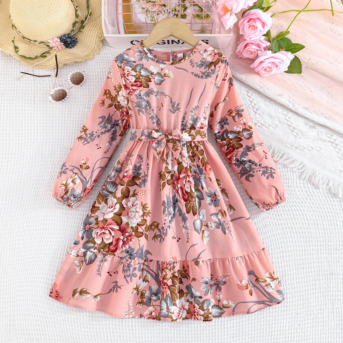 2024 Sommer neues zweiteiliges Set mit Blumendruck für Mädchen und Kinder mit langen Ärmeln und Gürtel_voghion.com