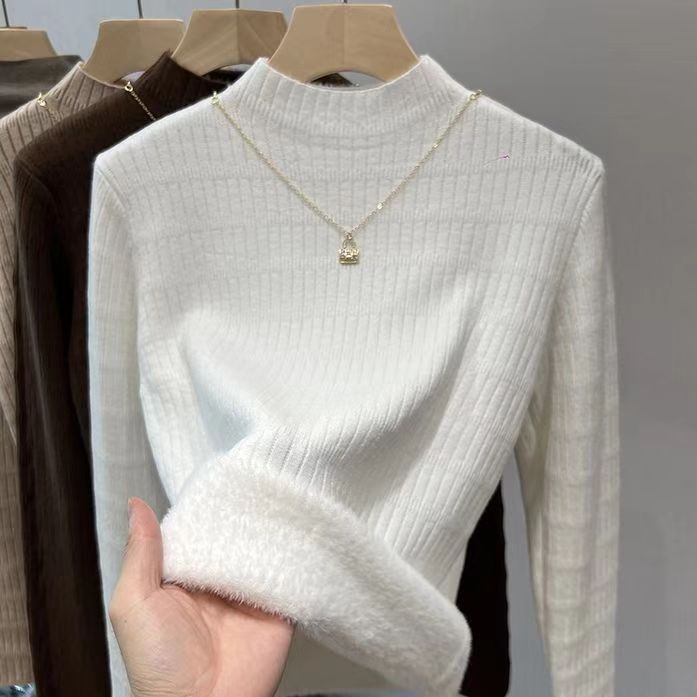 Otoño y invierno nuevo estilo coreano versátil camiseta de base de cuello medio alto con una camiseta de lana de color sólido y suéter de punto de lana para mujeres