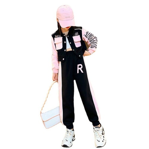 Girls Internet Celebrity Spring and Autumn Suit  New Medium and Large Children Korean Version Western Style Girls Fashionable Long Sleeves and Trousers Two-piece Set