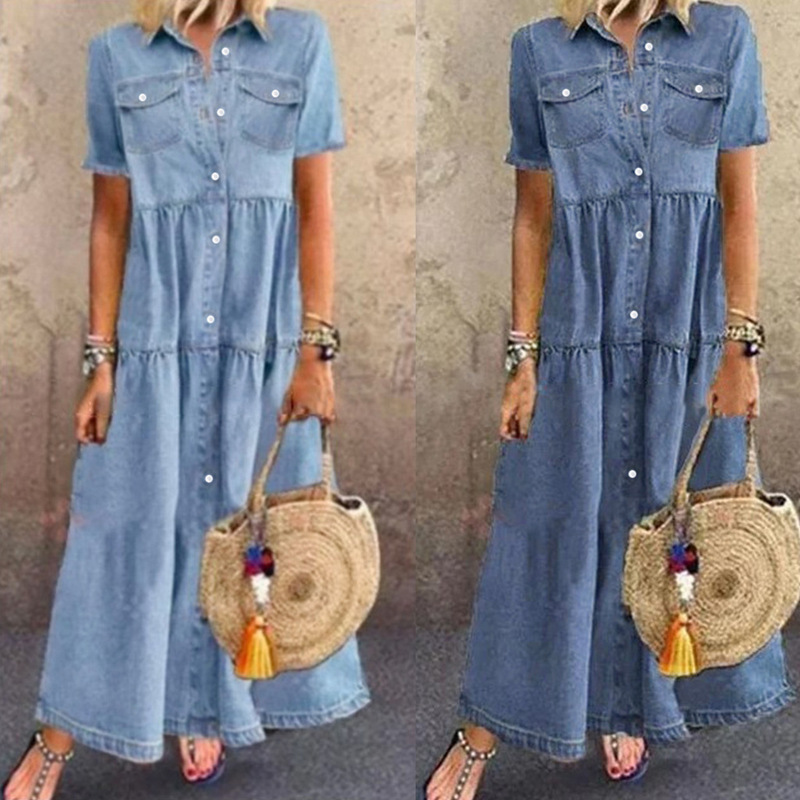 2021 Amazon Wish Cross-Border Independent Station New Women's Pure Color Single-Breasted Denim Dress