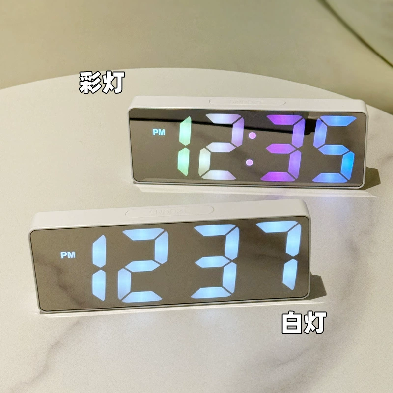 LED mirror alarm clock, smart electronic USB/battery, time/date/temperature display, 12/24h
