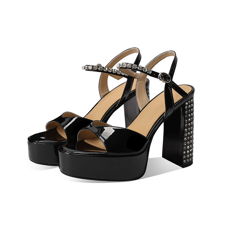 Sandal cao gót nữ quai ngang đính đá gót vuông platform hở mũi — đen