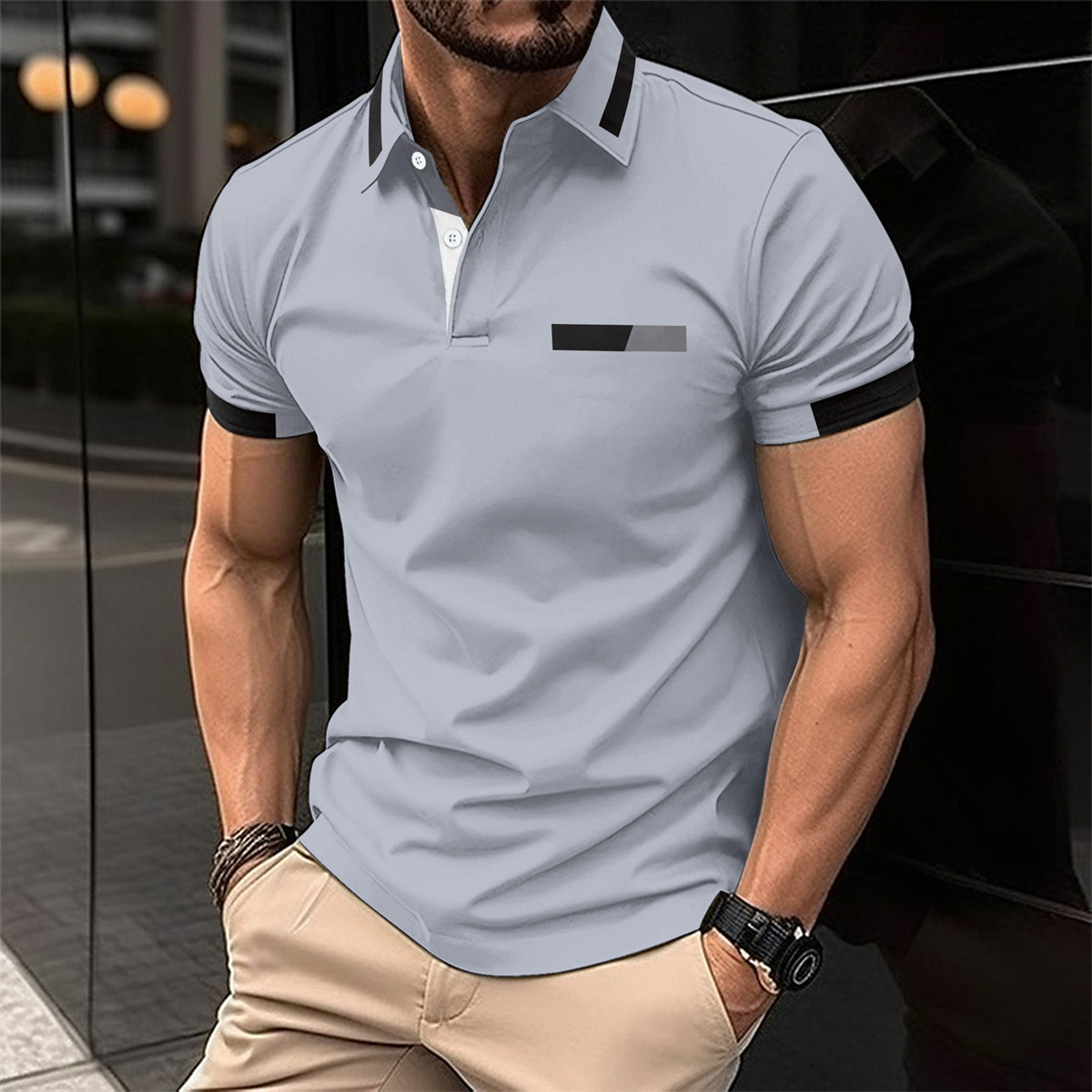 Amazon nuevo transfronterizo de los hombres de la camisa de polo ocasional pecho falso bolsillo solapa botón de negocios camiseta superior de los hombres