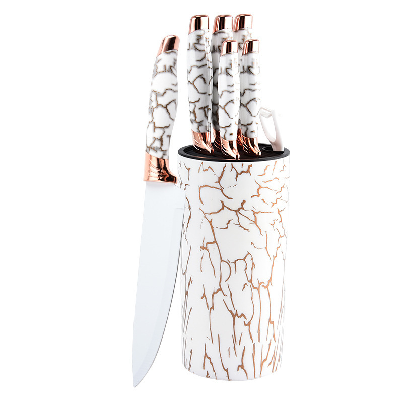 Cuchillos transfronterizos Cuchillos de cocina con cabezal de galvanoplastia doble Juego de siete piezas Base de cilindro de mármol Juego de cuchillos de chef