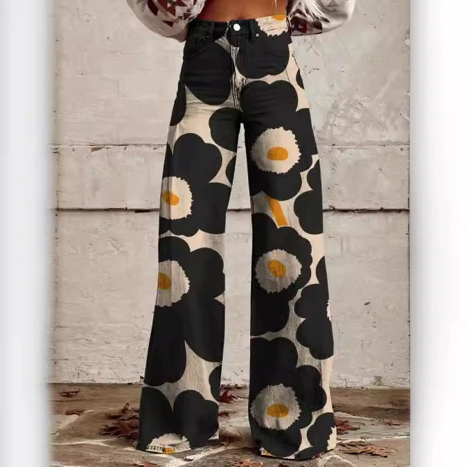 AliExpress Европейская и Американская внешняя торговля плюс размер повседневные брюки тонкие имитационные джинсы широкие брюки 3D Amazon горячие женские брюки