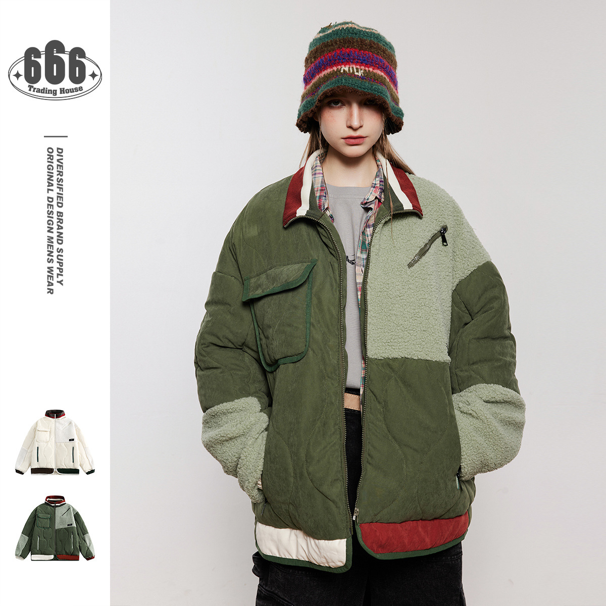 ANSWERMEAmerican Retro Spliced Lamb Wool Coat Warm Cotton Coat For Men And Women Winter Cotton Coat MY135