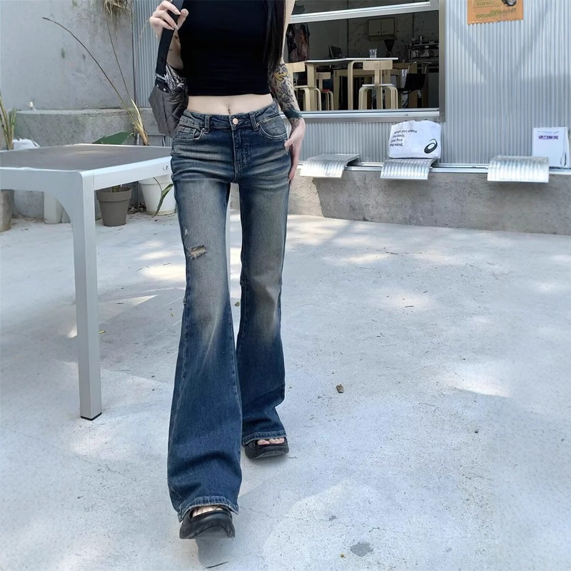 Low-Waist Distressed Ripped Horseshoe Jeans for Women Summer Retro Petite Slim Fit Micro-Flared Pants Low-Crotch Pants