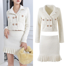 2025秋冬新款法式名媛小香风重工双排扣亮片上衣收腰百褶边半身裙