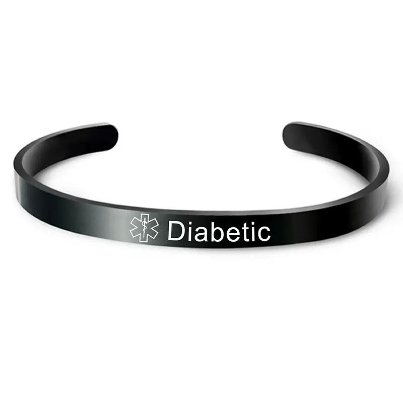 手镯跨境欧美黑色不锈钢生命之星医疗标志Diabetic警示语钛钢手镯