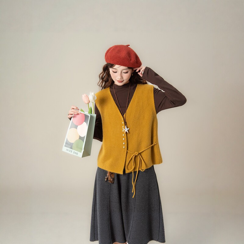 French-style yellow V-neck knitted vest for women, new autumn and winter collection, casual and slimming, lazy style, base layer cardigan French-style yellow V-neck knitted vest for women, new autumn and winter collection, casual and slimming, lazy style, base layer cardigan