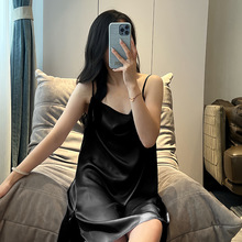 冰丝睡衣女夏季吊带睡裙凉感2026新款可外穿开叉黑色裙家居服轻奢
