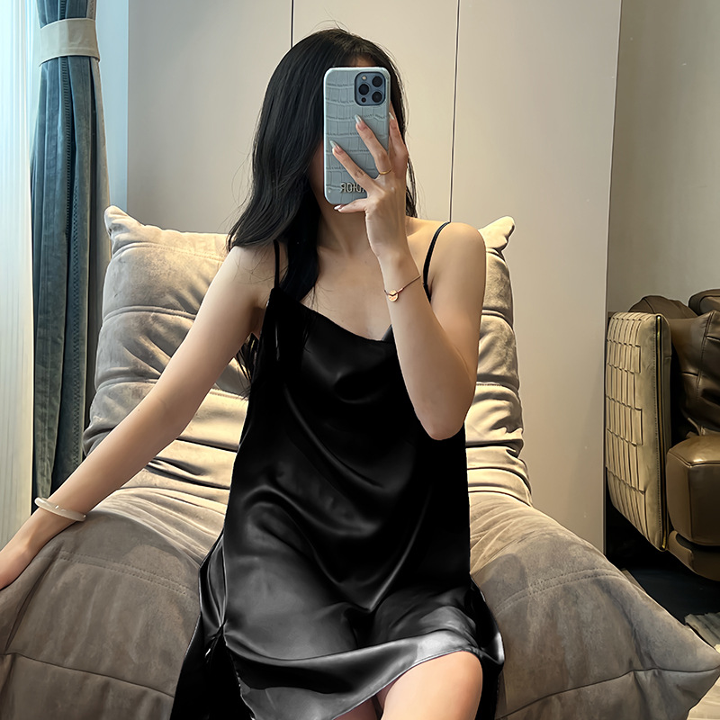Ice Silk Women's Summer Camisole Nightgown, Cool and Comfortable, 2026 New Model, Can Be Worn Outside, Black Slit Dress, Home Wear, Light Luxury