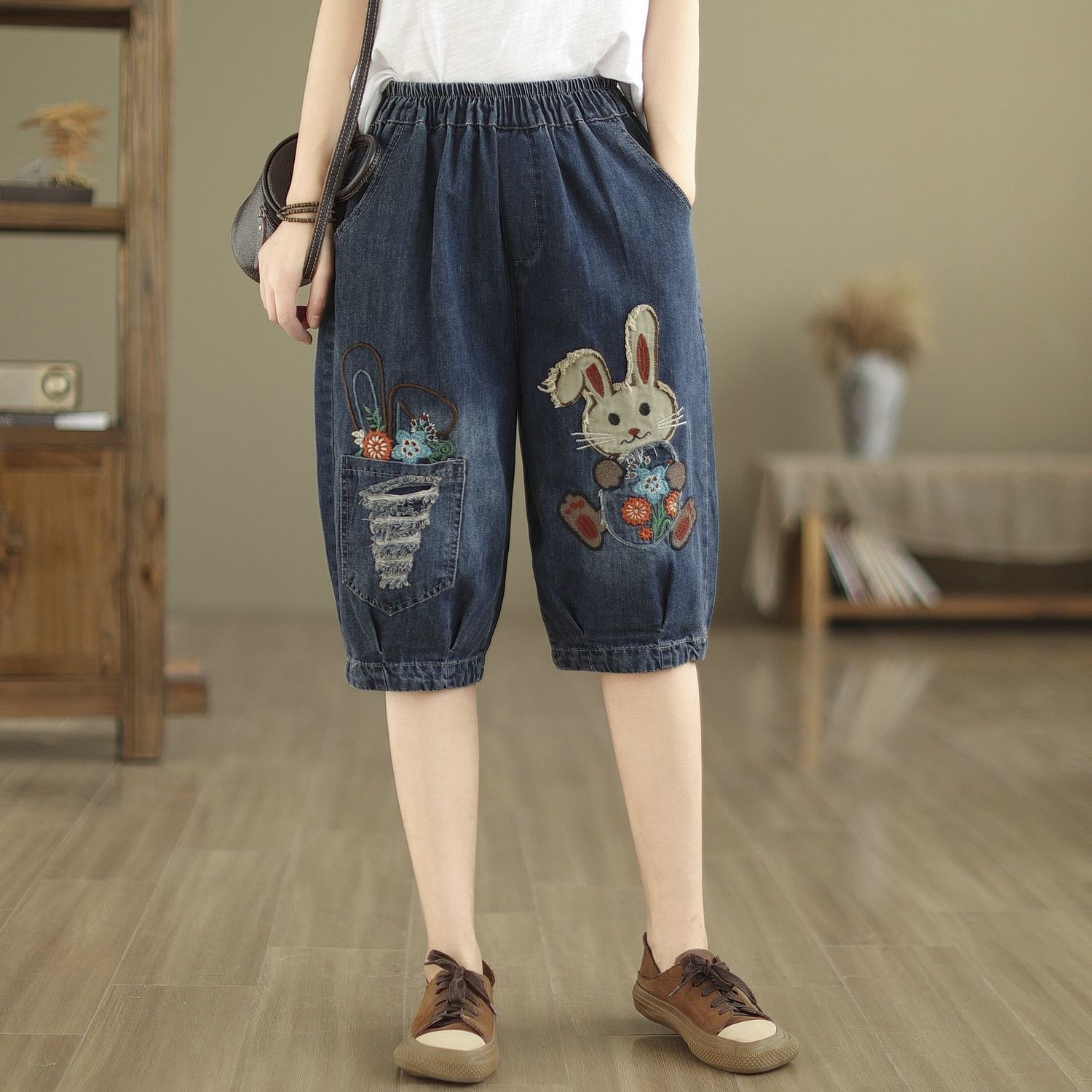 夏季新款牛仔短裤女刺绣图案薄款宽松休闲五分裤高腰显瘦哈伦裤潮