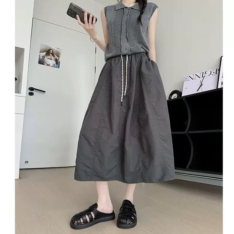 塔丝隆拼接半身裙女夏季薄款高腰垂坠感a字伞裙宽松中长款南瓜裙
