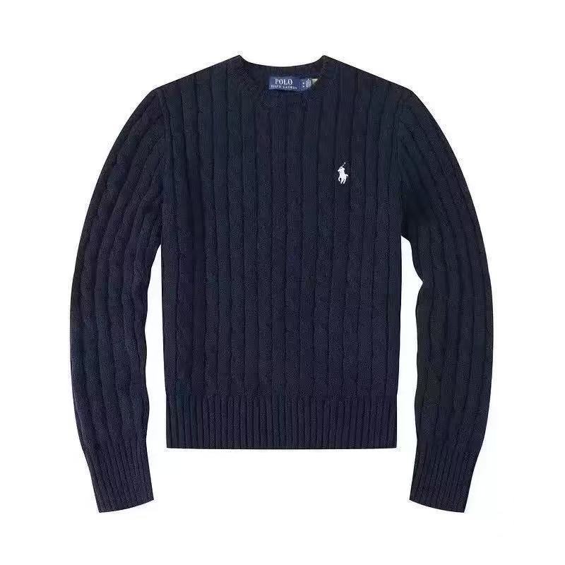 Navy blue crewneck sweater with white label