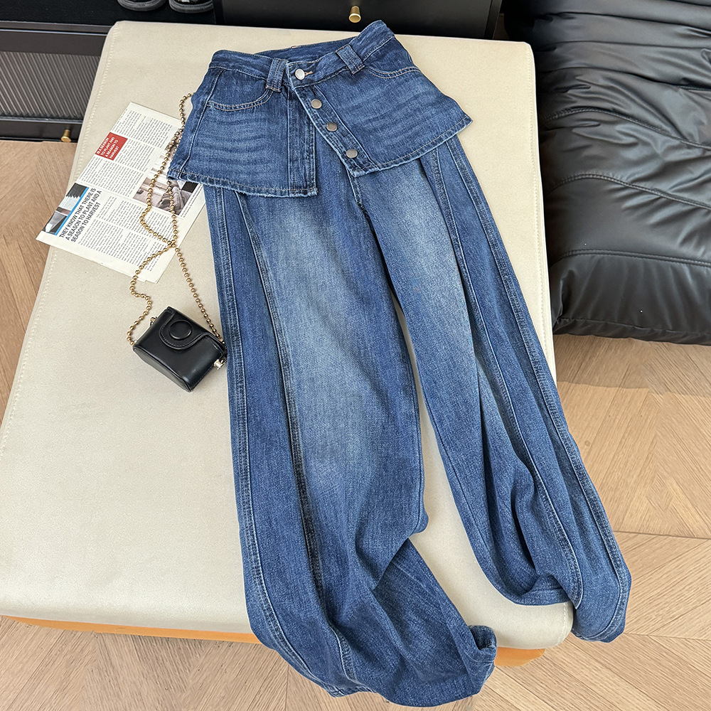 High-Waisted Faux Two-Piece Slimming Wide Leg Denim Culottes Casual Straight Leg Loose Fitting Summer Trendy Women's Jeans_ecoleips.com