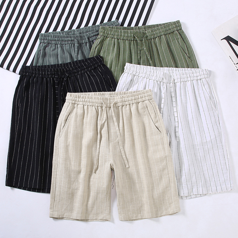 Yarn-Dyed Vertical Stripesd Linen Shorts Men's Summer Thin Breathable Ramie Elastic Waist Straight Loose Cotton and Linen Pants