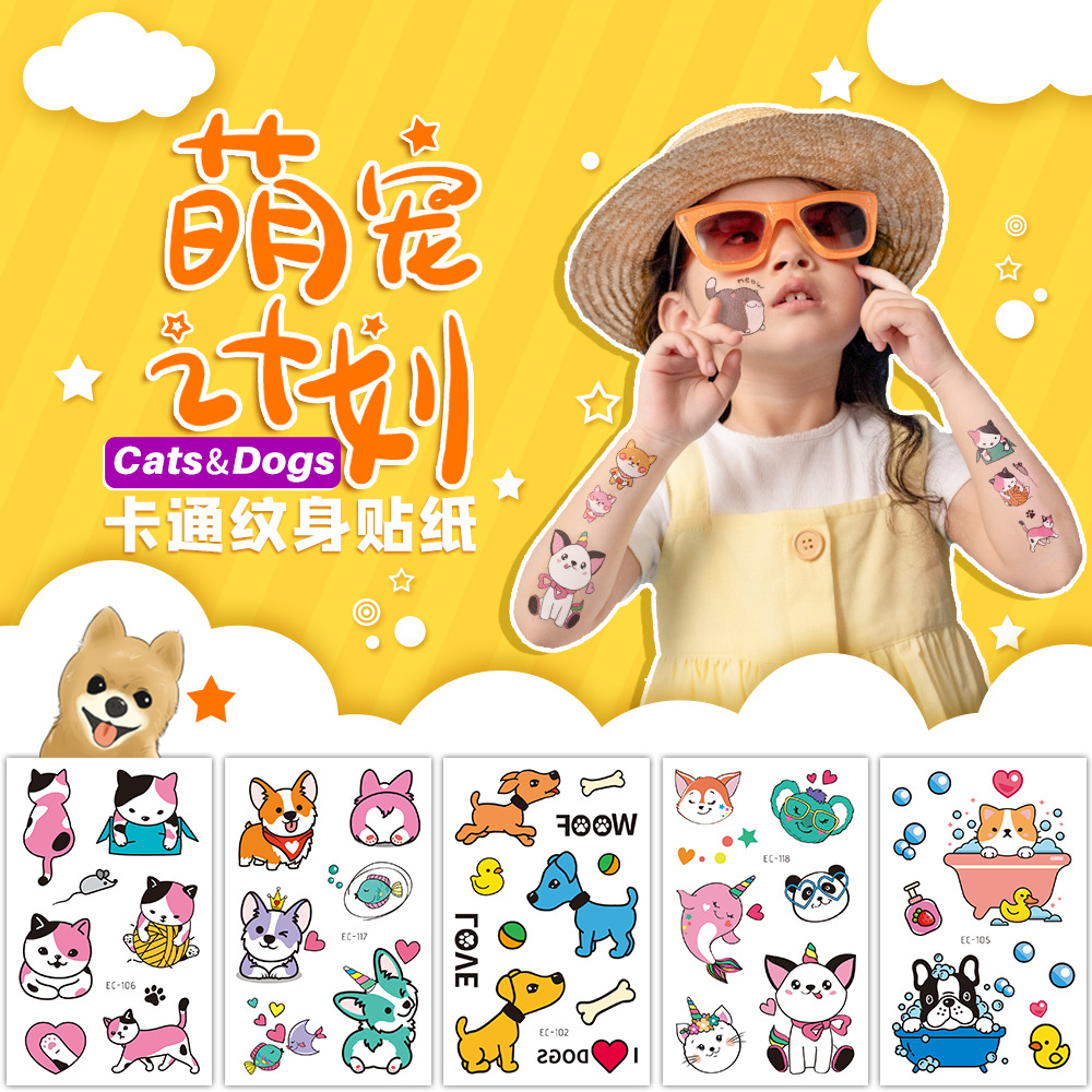 Dibujos animados para mascotas niños tatuaje pegatinas gato y perro lindo patrón tatuaje pegatinas fabricante FDA certificación en stock al por mayor