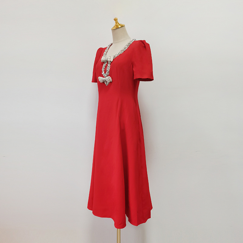 Elegant Retro Diamonds Stitching Bow Decorative Short Sleeved Maxi Dress 17 Elegant Retro Diamonds Stitching Bow Decorative Short Sleeved Maxi Dress