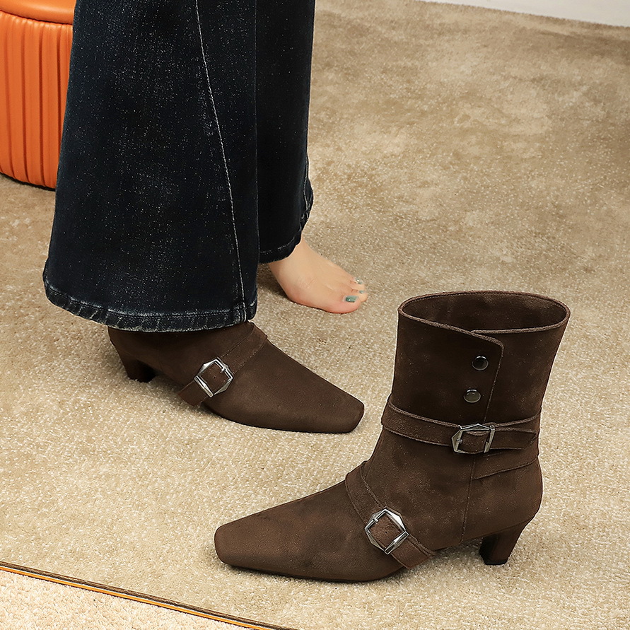 Botas de media caña retro para mujer con punta cuadrada y hebilla_voghion.com