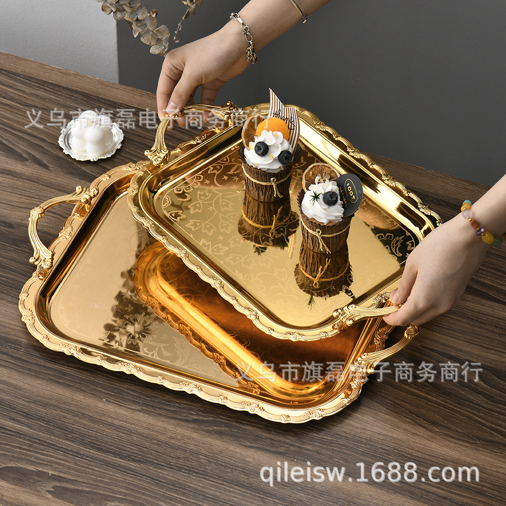 欧式轻奢三件套金属果盘ktv家用自助餐厅蛋糕水鬼展示托盘摆盘