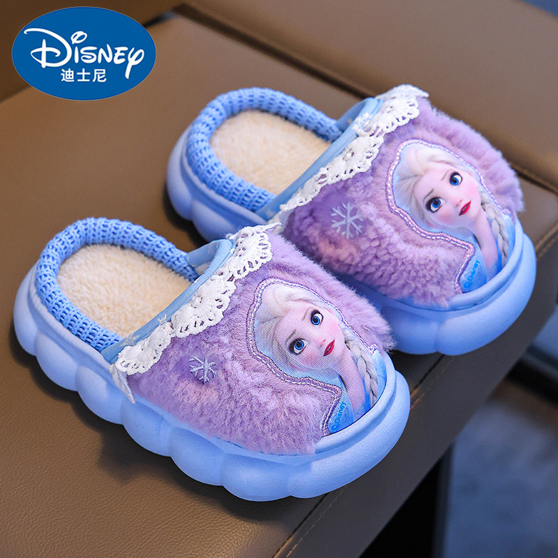 Bolsos de invierno de niñas zapatos de algodón cálidos peluche casa princesa Elsa zapatillas de algodón de espesor para niños