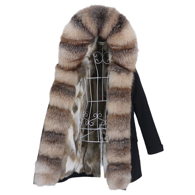 Damkläder hett säljande pälsparka dam avtagbar fodrad pälskrage med mellanlång modern varm kappa med huva_voghion.com