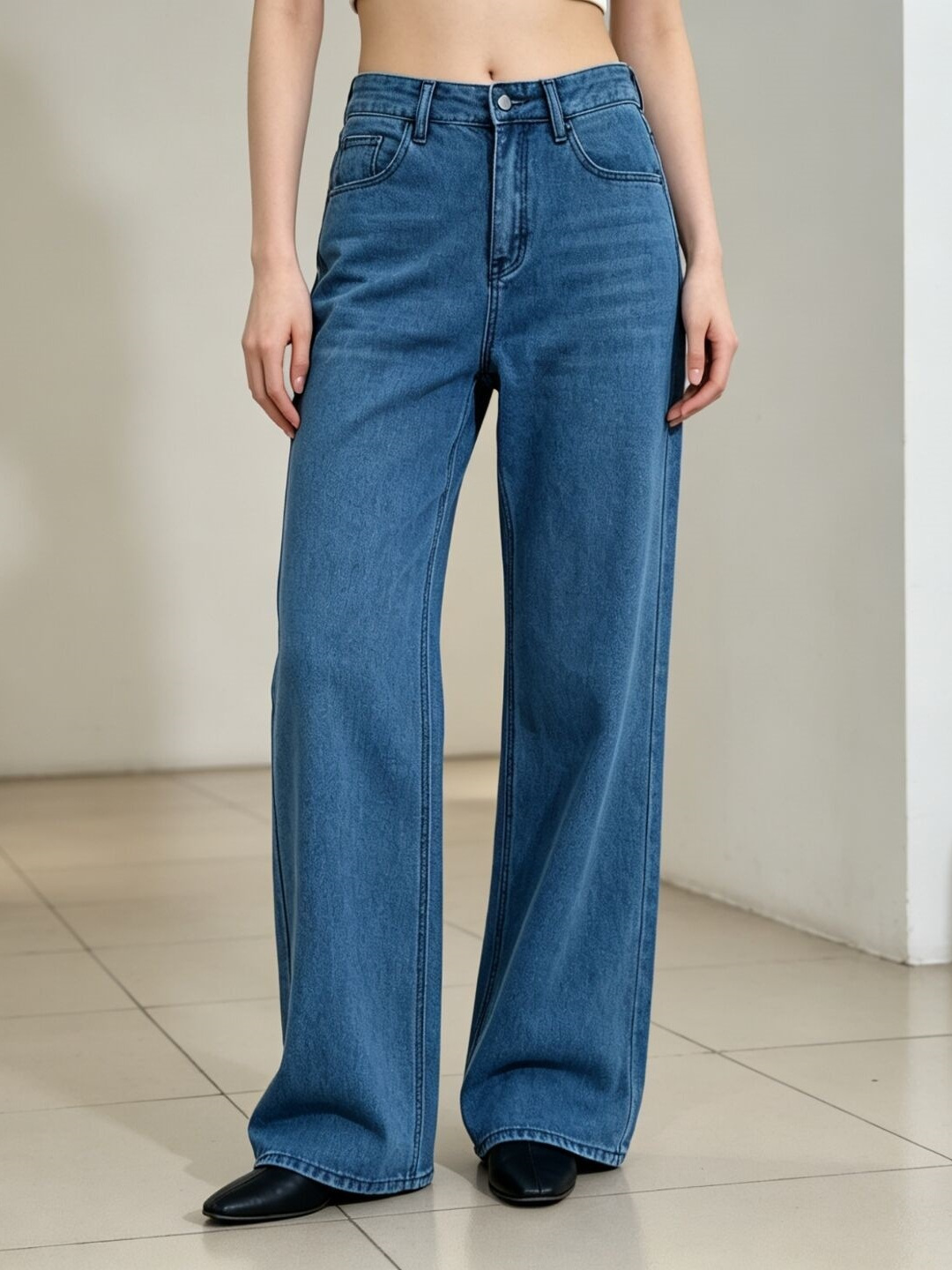 Jeans de Pierna Ancha para Mujer de Mezclilla de Algodón, Cintura Alta y Corte Recto para Uso Casual