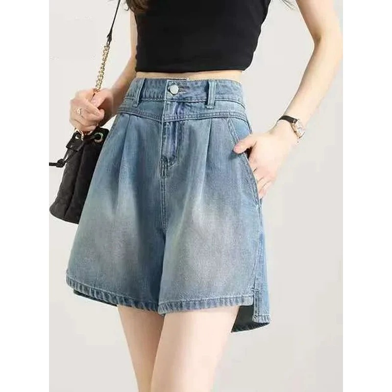Slit Denim Shorts for Women, Summer 2026, New Thin High-Waisted A-Line Loose Fit for Petite Figures, Irregular Shorts