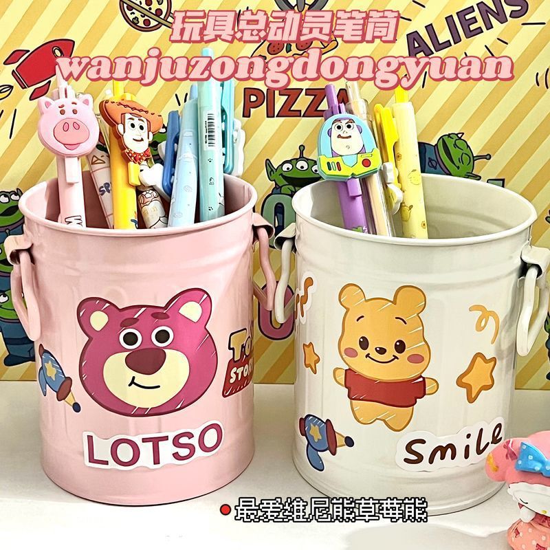 かわいいピンクの鉄のバケツイチゴ収納バケツ学生寮デスクトップ収納ボックスインリトルレッドブック同じクマペンホルダー|undefined