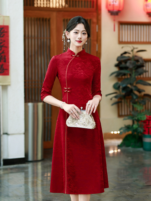2025秋季款中国风醋酸提花中长款复古旗袍女装少女改良修身连衣裙|undefined
