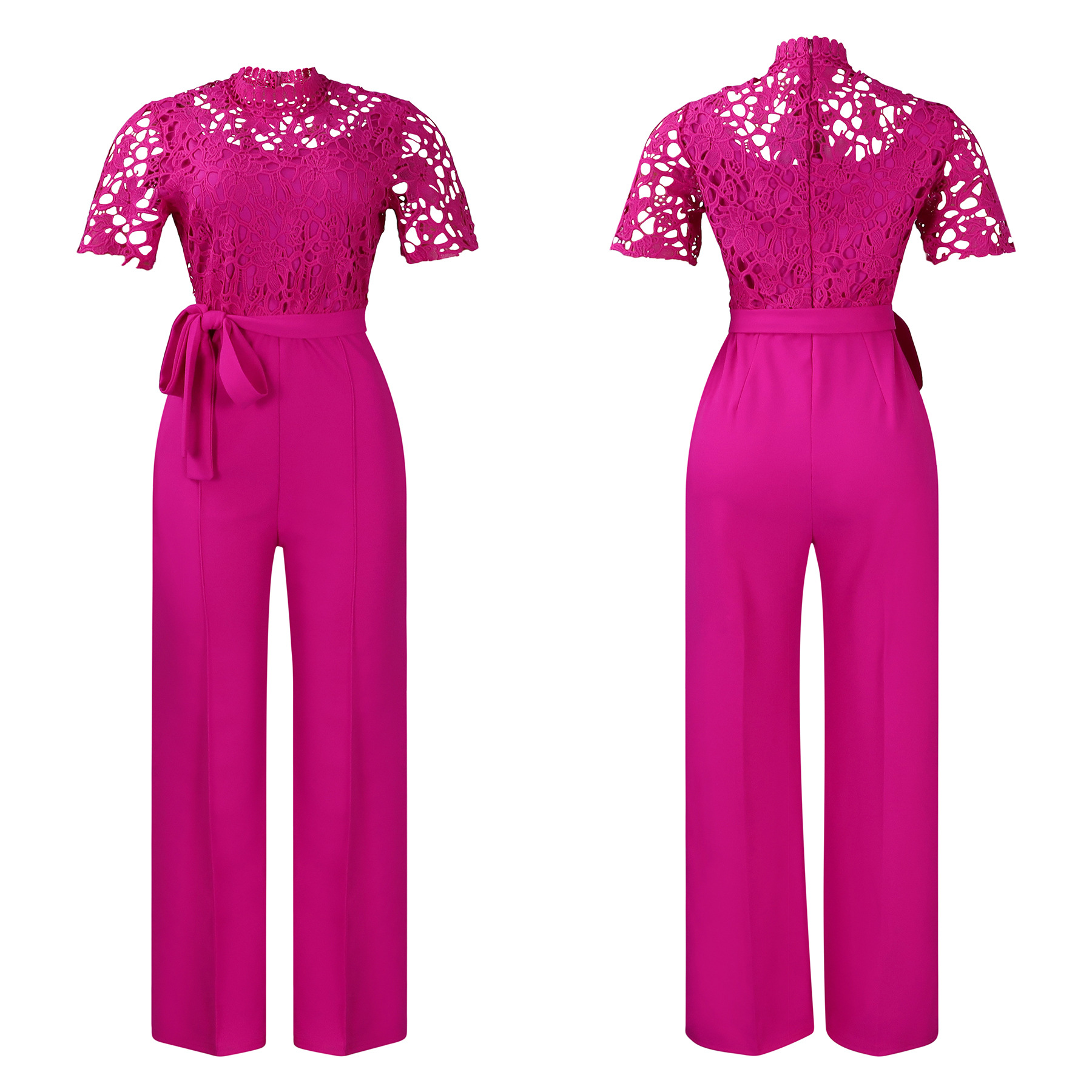 546g Weight Short Sleeve Sleeve Length Polyester Fabric Type High Waist Waist Line Jumpsuits Pants Type Daily Occasion Loose Fit Type Solid Color Pattern Summer Season Women's Gender Lace Design Casual Style Women's Daily Casual Solid Color Lace Jumpsuits 51