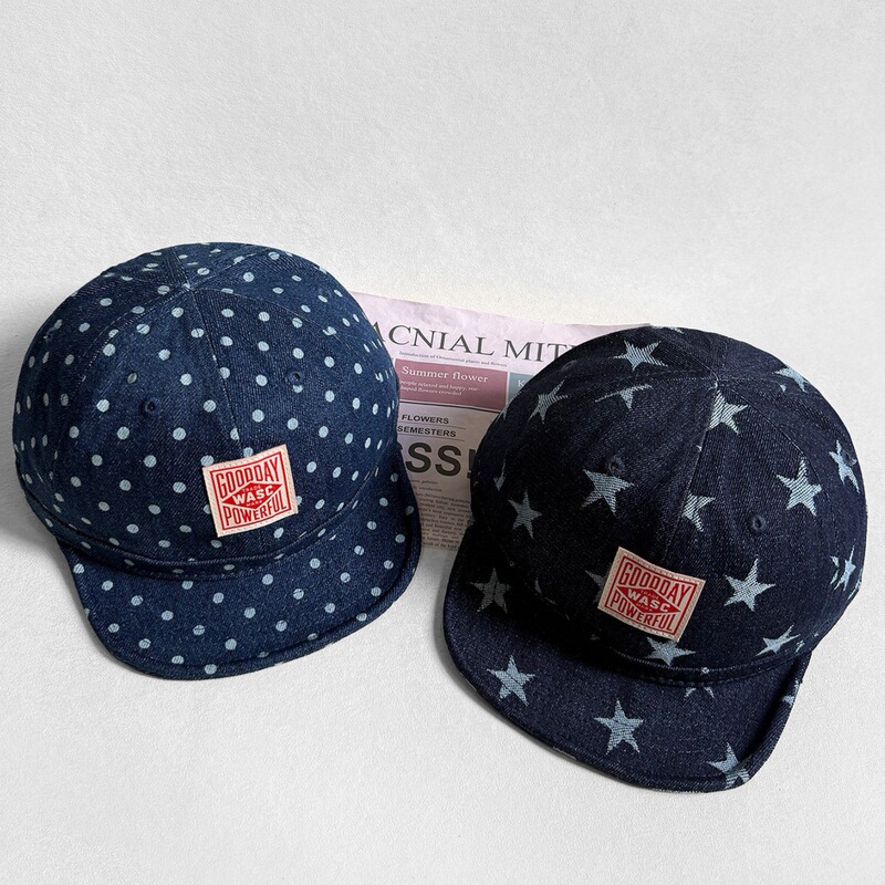 Denim polka dot patch short brim baseball cap for men and women, vintage soft-top five-panel cap, Japanese street style flip-brim sun hat Denim polka dot patch short brim baseball cap for men and women, vintage soft-top five-panel cap, Japanese street style flip-brim sun hat