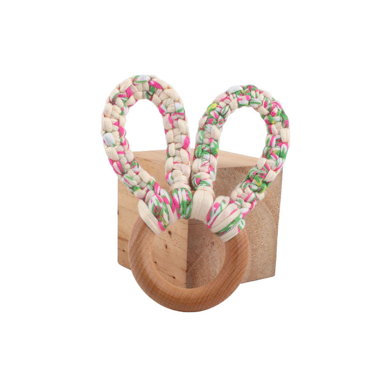DIY bebé creativo Haya Orejas de conejo mordedor pulsera tejida a mano de algodón cuerda juguete dientes de bebé palo de molienda